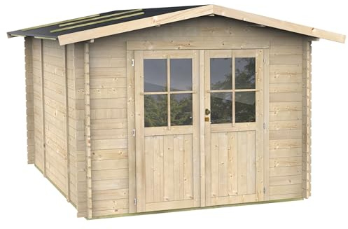 Gartenhaus Bh25 Opera 250x250 aus Fichtenholz 25 mm mit Doppeltür und Fenster, Nut-und-Feder-Dach und Boden, Fundamentbalken, einfacher Aufbau, PEFC-Zertifiziert