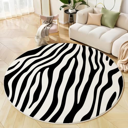 MIATCENRT Teppich Rund 80cm, Waschbare Teppiche, Tierdruck Runder Teppiche Wohnzimmer, rutschfest Carpet, Zebra- Bedruckter Schwarz Weiß Teppich Schlafzimmer, Kinderzimmer