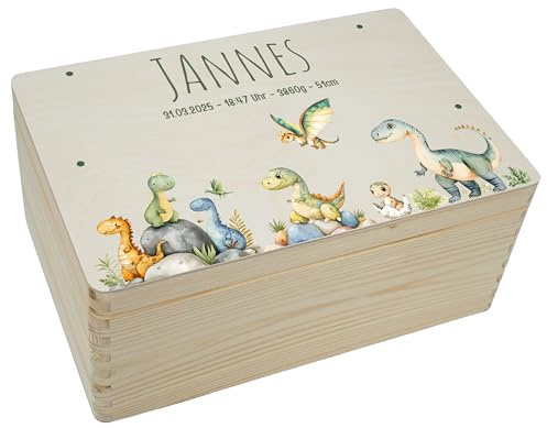 Dream Creative - Personalisierte Erinnerungsbox Baby Personalisiert | Holzkiste mit Name, Geschenkidee zur Geburt, Geburtstag und Taufe (Dino, Klein | 30 x 20 x 14 cm)