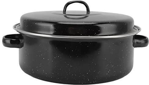 Depisuta Roasting Pan, Non Stick Roaster Pan with Lid Enamel Iron Stainless Steel Roaster Pot, Oven Roast Pot for Roasted Sweet Potatoes Chestnuts Barbecue Turkey Vegetables (Iron Cover 28cm)