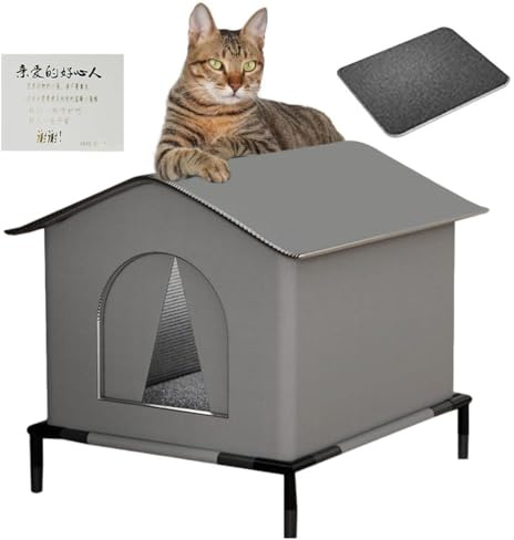 Vexorium Katzenhaus Außen Winter Wetterfest – Isolierte Katzenhütte mit Cabane, Thermo Abri für Katzen Hunde Kaninchen, Robust und Wasserdicht, Ideal Garten Terrasse Balkon,Grau,Large