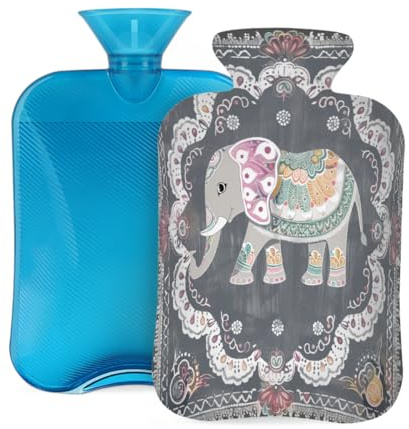 Hot Water Bottle with Soft Cover, Boho Elephant Ethnic Style 2L Hot Water Bags for Pain Relief, Cramps,Hand Feet Warmer, Menstrual