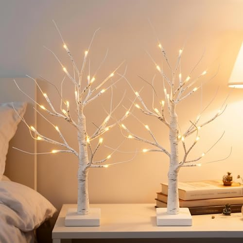 Set of 2 White Christmas Tree with Lights 2FT Mini Birch Twig Tree Ornament with 24 Warm White LEDs Battery Operated Tabletop Decoration for Christmas Home Party Wedding