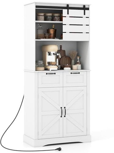 GIANTEX Armoire de cuisine avec plan de travail, buffet de cuisine avec station de charge, armoire haute avec étagère réglable et 2 tiroirs, armoire de rangement avec porte coulissante
