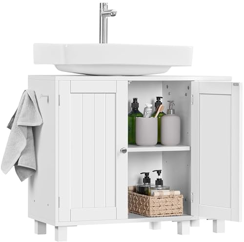 Yaheetech Mueble Bajo Lavabo, Armario de Baño, Apto para Lavabos con Pedestal, con Armario de Dos Puertas Estantes Ajustables Armario de Baño con Almacenamiento Lateral Abierto Ganchos, Blanco