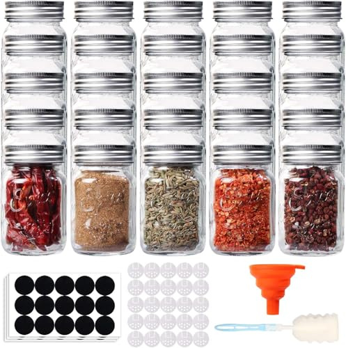 RusseryPek 25 Pack 120ml Glass Spice Jars, 4oz Spice Bottles | Shaker Lids & Airtight Metal Caps for Storage, Chalkboard Labels, Sponge Brush, Silicone Collapsible Funnel Included