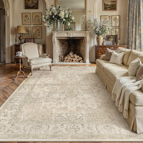 PureCozy Beige Teppich Wohnzimmer 200x300cm Vintage Wohnzimmerteppich Waschbarer rutschfest Weich Groß Carpet Teppiche Schlafzimmer Esszimmer Büro Kurzflor Tepich Rug