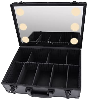 Kosmetikkoffer, Schminkkoffer mit LED Lichtern, Spiegel and Abnehmbare Trennwänden, Kosmetik Koffer Organizer, Tragbar Make Up Koffer, für Wohnungen, Hotels, Schönheitssalons usw, Schwarz