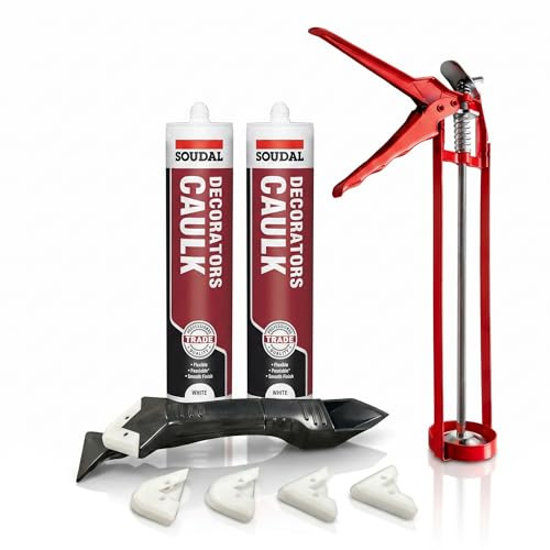 Pack of 2 Decorators Caulk White Bundled with Silicone Gun, 3 In 1 Silicone Tool, Scraper & Gap Filler Kit, Paintable Flexible Acrylic Caulk Sealant