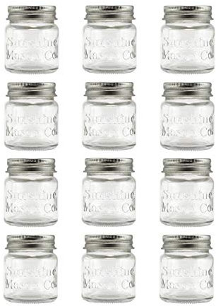 Mini Mason Jar Shot Glasses with Metal Lid 2 Oz, 12 Pack by Sunshine Mason Co.