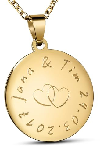 Hanessa Personalisierte Kette mit Gravur Edelstahl 50 cm mit Anhänger rund - Personalisierte Halskette für Männer und Frauen - Personalisierter Schmuck Damen Herren