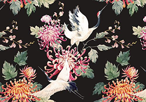 decomonkey Fototapete selbstklebend Blumen Japan Asien Orient 147x105 cm XL Selbstklebende Tapeten Wand Fototapeten Tapete Wandtapete klebend Klebefolie Schwarz Rose Vogel