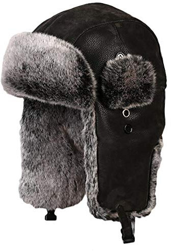 Insun Unisex Wintermütze Fliegermütze Trappermütze mit Kunstleder Fellmütze Herren Russenmütze Schwarz 2 L Hut Umfang 58cm