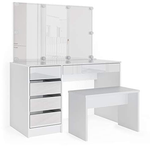 Vicco Schminktisch Sherry, Kosmetiktisch mit Spiegel, Weiß, 120 cm mit LED Beleuchtung und Bank