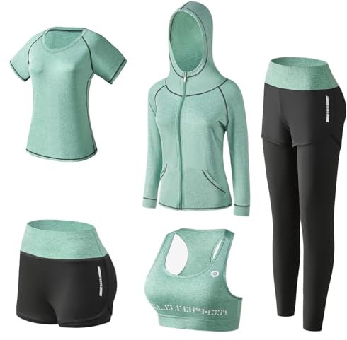 BOTRE Damen Traingsanzug Yoga Kleidung Anzug 5er-Set Sportanzüge Jogginganzug Gym Fitness Kleidung Laufbekleidung Sportswear Sport Yoga Outfit Damen BH Leggings Set (Grün, Medium)