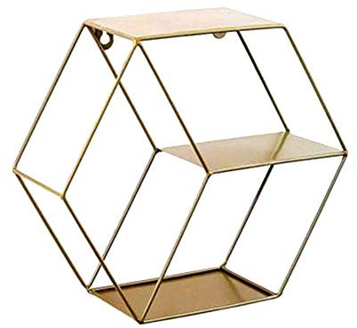 AZXAZ Eisen Wandregal Sechseckiges Metallgitter Schwimmende Regale Displayständer Hängendes Geometrisches Bücherregal Home Office Coffee Book Shop Wanddekoration Schweberegal-Gold