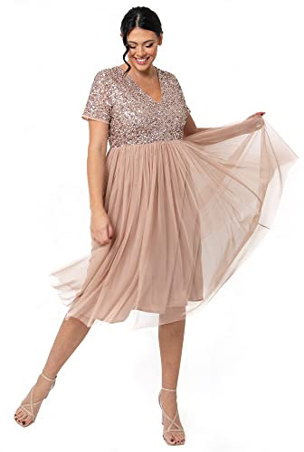 Maya Deluxe Damen Midi-Kleid mit V-Ausschnitt, Verziert Brautjungfernkleid, Taupe Blush, 52