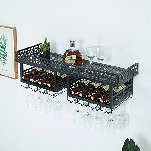 Porte-bouteilles mural - Casier à vin en fer forgé | Fixé au mur | Porte-verre à vin pour bouteille de vin | Style minimaliste moderne rustique | Salon Salle à manger Cuisine Décoration | Longueur