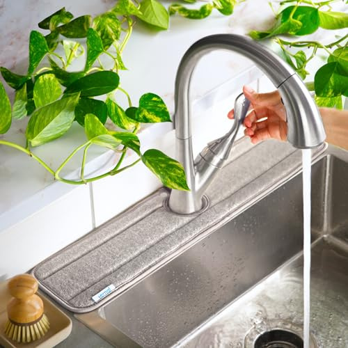 Ternal The Original Long Sinkmat XL 24in Absorbent Washable Splash Guard and Faucet Handle drip Catcher, Microfiber Dish mat Material. Best Kitchen Gadgets(Grey), (1133-03)
