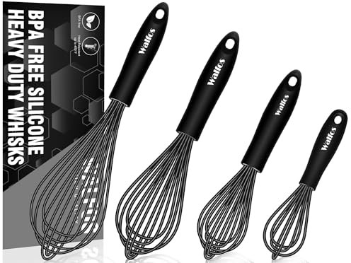 Walfos Silikon-Schneebesen-Set, 21,6 cm + 25,4 cm + 30,5 cm Ballon-Schneebesen und 17,5 cm Mini-Schneebesen-Set zum Mischen von Schlagen, Rühren und Kochen in der Küche (schwarz)