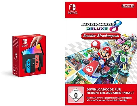 Nintendo Switch (OLED-Modell) Neon-Rot/Neon-Blau + Mario Kart 8 Deluxe - [Nintendo Switch] + Booster-Streckenpass - [Download Code]