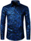 PARKLEES Men's Luxury Gold Prom Design Slim Fit Long Sleeve Button up Party Dress Shirts Black Royal L
