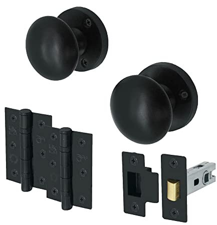 EAI Black Door Knob Set - 1 Pair of Matt Black Victorian Mortice Knobs (55mm), Latch (76mm) & Hinges (76mm) for Internal Doors
