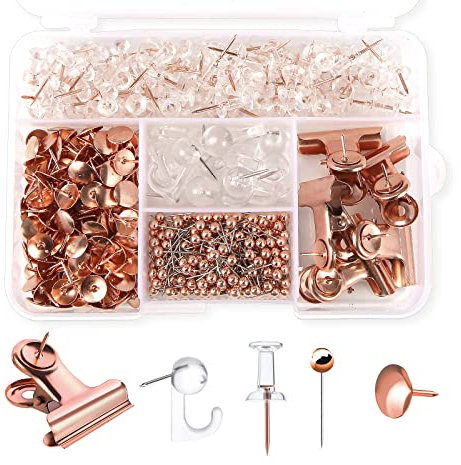 AIEX 465pcs Clear Push Pins Set, Metal & Plastic Pushpins Clips Thumb Tacks and Push Pins for Cork Board Bulletin Board Wall 5 Styles Office Supplies (Rose Gold)