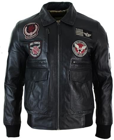 TruClothing Blouson pour Homme Cuir véritable Badges Style Pilote air Force Bomber - Noir M