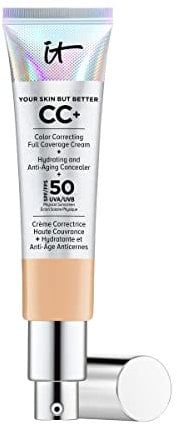 IT Cosmetics, Crème CC+ Anti-Âge Your Skin But Better, Haute Couvrance, Waterproof, Enrichi en Peptides, Collagène & Vitamines, Fini Naturel, 32 ml, Teinte : Medium Tan