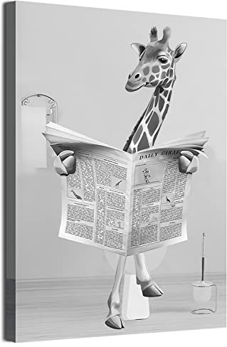 MKHFUW Moderne Leinwand Wandkunst Lustige Tiere, Die auf der Toilette Sitzen, Zeitungsbilder Lesen Badezimmer Schlafzimmer Poster, Rahmenlos (Giraffe,20 x 30 cm)