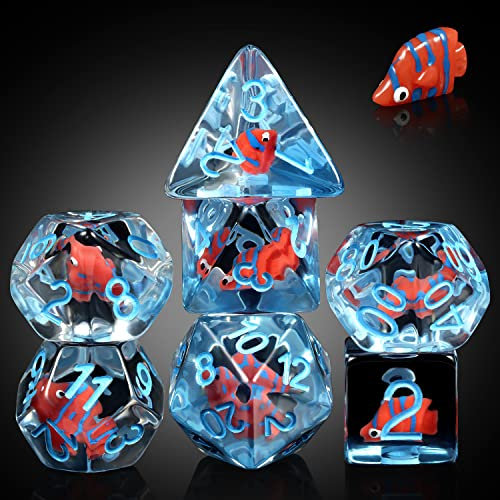 Red Fish D&D Dice, DNDND Resin Polyhedral Die with Velvet Bag for Dungeons and Dragons Role Playing Games and Tabletop Games (Red Fish)