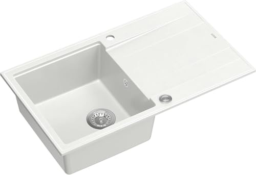QUADRON Spülbecken Spüle Weiß & Stahl | Größe 86 x 50 x 21 cm | Granit Granitspüle EVAN 111 Einzelbecken Küchenspüle | mit manuellem Siphon und Abtropffläche | 1 Becken Einbauspüle
