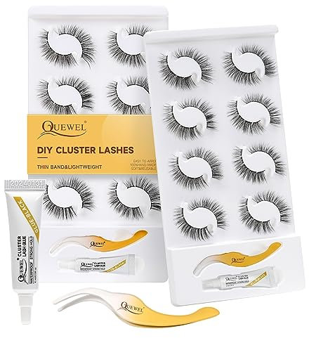 Cluster Eyelash Extensions Kit QUEWEL Individual Eyelashes 8 Pairs Lash Clusters Natural Look, DIY Eyelashes Extension Kit with Applicator and Glue, Cluster Lashes Kit for Personal Use at Home(QU37-L)