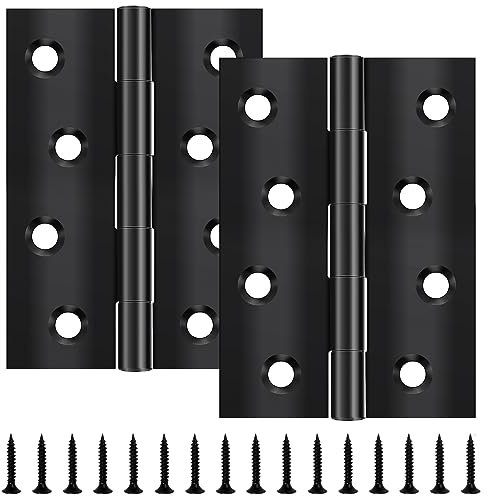 Yeepeo 2 Pcs Door Hinges 100mm × 70mm, Black Stainless Steel Hinges for Wood, Butt Hinges for Internal External Doors with 16 Pcs Screws for Gate, Windows, Closet, Drawer, Boxes