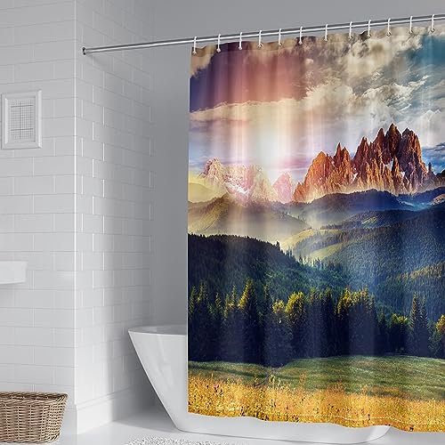 Mesnt Duschvorhang Motiv Natur, 165x200cm Polyester Textil Wannenvorhang Baumgebirgslandschaft, Grün