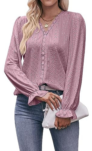 Coloody Camicia con Scollo a V da Donna in Pizzo Tops Casual a Manica Lunga Eleganti Bluse-Rosa-XL