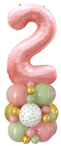Luftballon Zahl 2 Rosa 101.6 cm Riesenzahl Folienballon Pastell Rosa Große Zahl Zwei Ballon Turm Salbei Olivgrün Baby Rosa Digitaler Ballon Stapel für Mädchen Zweiter 2. Wilder Dschungel Geburtstag