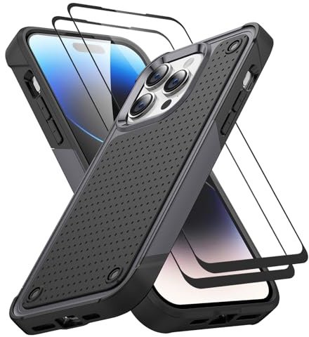 Jeylly for iPhone 15 Pro Case with 2 Pack Screen Protector, Military Grade Protective Dual Layer Shockproof Hard Back & TPU Soft Edge Rugged Phone Case for iPhone 15 Pro 6.1 inch, Gray