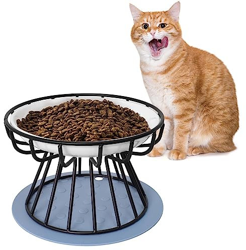 Ceramic Cat Bowl with Metal Stand - Anti-Vomit Elevated Bowl, Non-Slip Mat, for Small Cats & Dogs (Black, Paw Plate)