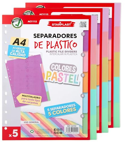Starplast Pack 15 Separadores Pastel - Para Carpeta o Archivador 2-4 Anillas, Organizadores, Polipropileno, Índice, Multitaladro, Clasificador, uso Escolar o de Oficina.
