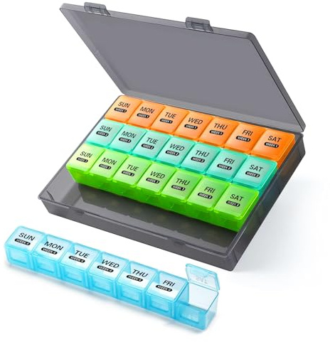 GOTRUST Large Monthly Pill Organiser, 28 Day Pill Cases Organizers by Week | 7 Day 1 Time a Day Dosette Box, 4 Weeks High Capacity Medicine Storage Box for Daily Travel Vitamins (Colorful)