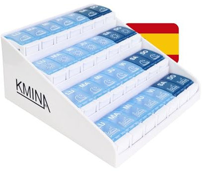 KMINA Pastillero Semanal 4 Tomas Español, Grande, Organizador de Medicamentos, Patentado