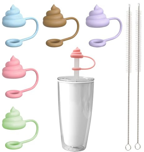 5 Pcs Straw Cover Cap Novelty Set, Silicone Straw Covers Reusable with Straw Cleaning Brush, Dust-Proof Straw Topper Portable for 10-12mm Straws