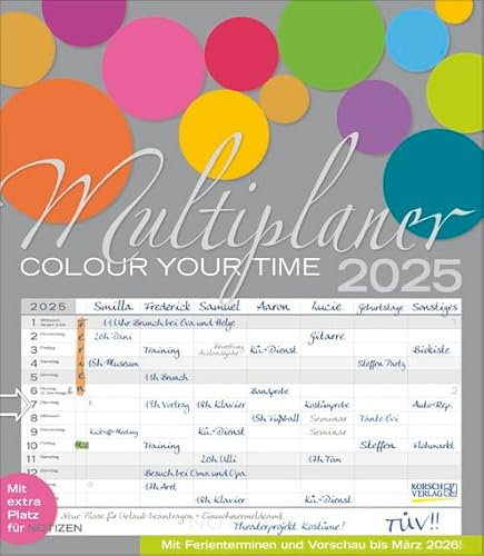 Multiplaner Colour Your Time - Familienplaner 2025 für bis zu 7 Personen - Korsch-Verlag - Kalender mit 7 Spalten zum Eintragen - 40 cm x 46 cm