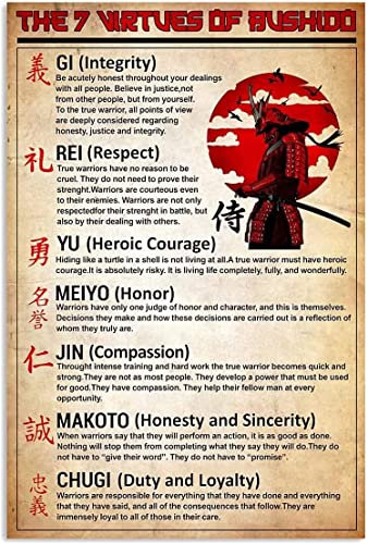 Oudrspo Die 7 Tugenden von Bushido, Metallschild, Bushido-Wissen, Infografik-Poster, Vintage-Blechschild für Club, Kampfsport, Fitnessstudio, Heimwanddekoration, Plakette, 20,3 x 30,5 cm