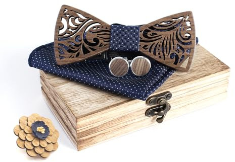 Cyriacus Fliege Set Holz, Marineblau mit weißem Tupfenmuster enthält Papillon und Manschettenknöpfe, quadratisches Halstuch und Korsage (4 PCS), Geeignet für den Einsatz in mehreren Szenen