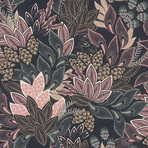 Rasch Symphony 866247 Papier peint intissé avec feuilles en noir, rose, beige et vert, 10,05 x 0,53 m (L x l)