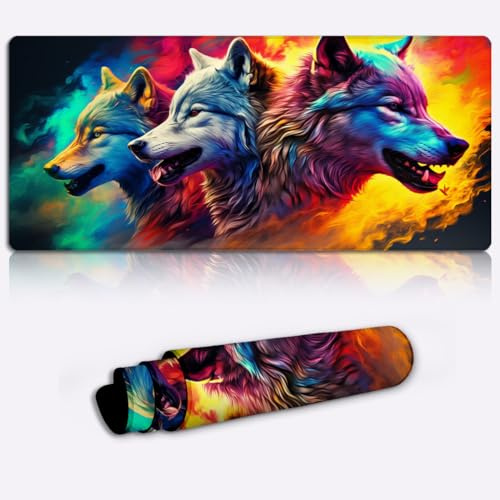 LJSPTU Tastatur und Mauspad „Smokey Wolf“, XXL Mauspad, Tischunterlage (90 x 40 x 0,3) cm, erweitertes Gamer Mauspad, geeignet für optische und Lasermäuse