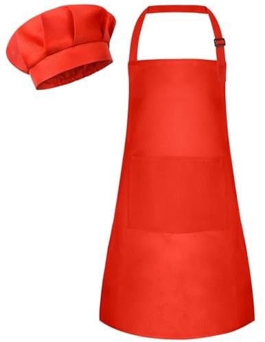 Bouiexye Kinder Schürze und Kochmütze Set Verstellbare Kinder Kinderschürze Bemalen Schürze Küchenschürze Bastelschürzen mit 2 Taschen zum Malen Backen Kochen (Rot)